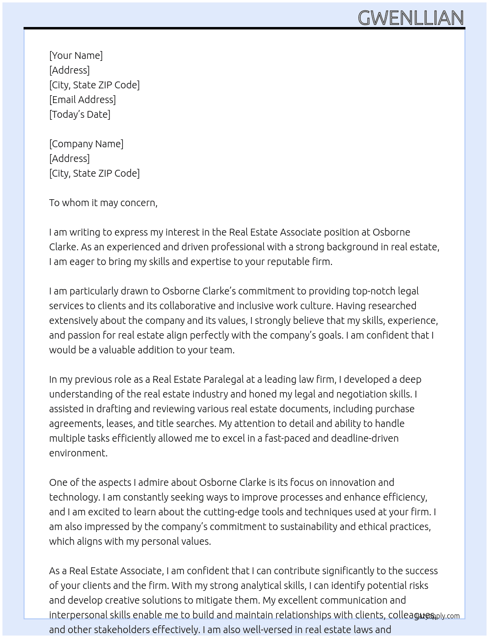 Real Estate Associate  At Osborne Clarke  Cover Letter