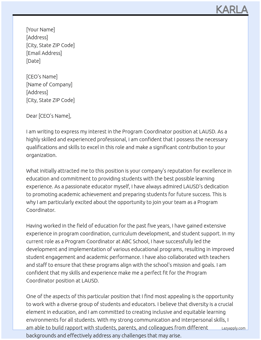 program coordinator At lausd Cover Letter