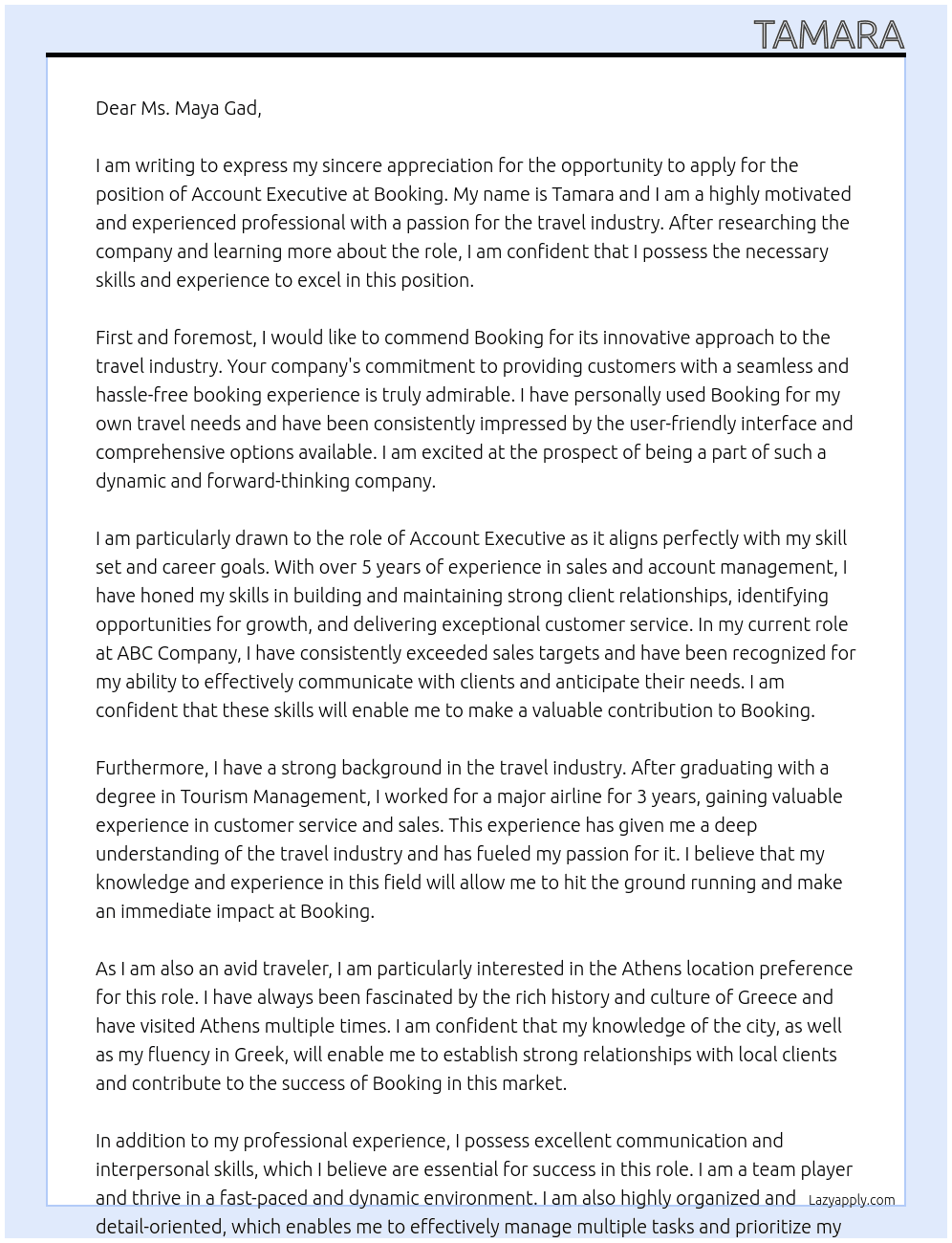 Account executive At Booking Cover Letter
