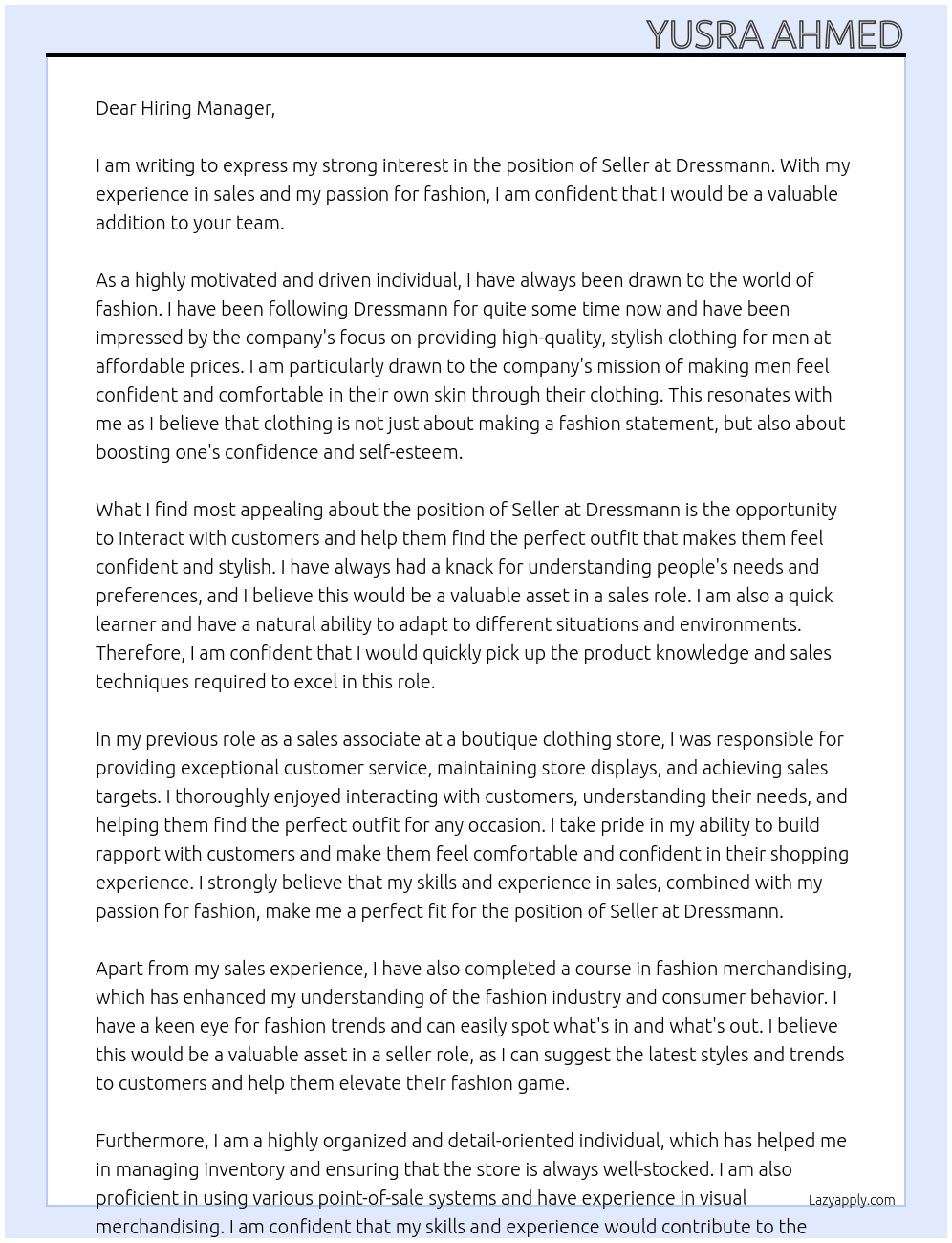 seller At Dressmann Cover Letter