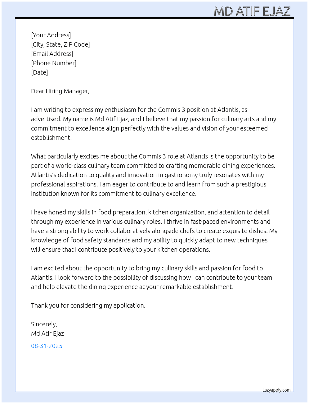 Commis 3, saffron  At Atlantis  Cover Letter