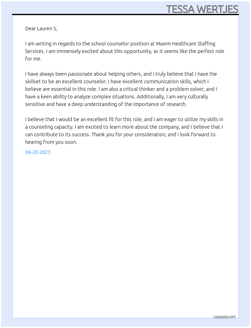 School Counselor  At Maxim Healthcare Staffing Services  Cover Letter