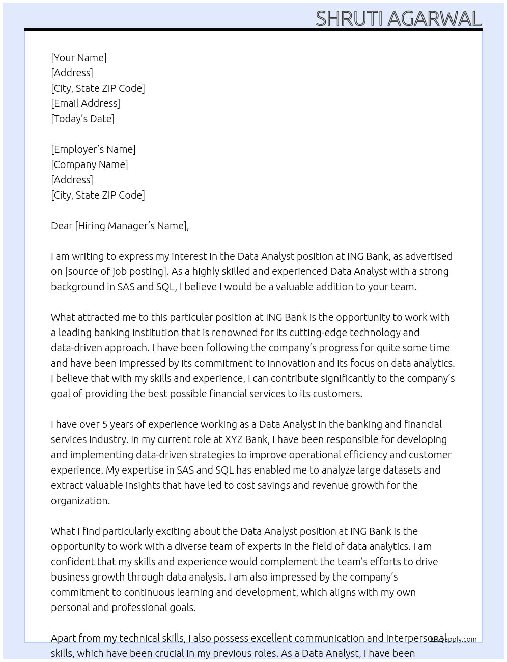 DATA ANALYST At ING Bank Cover Letter