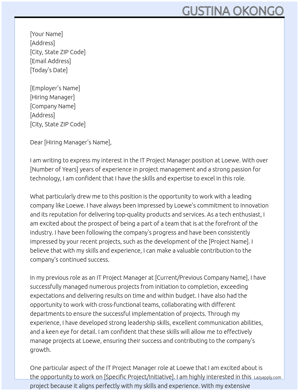 IT PROJECTC MANAGER At Loewe Cover Letter