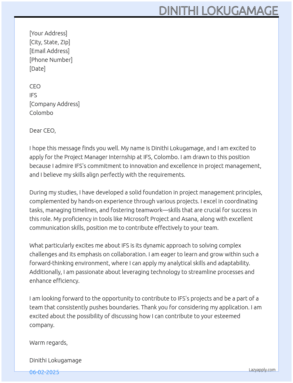 Project Manager Internship At IFS, Colombo Cover Letter