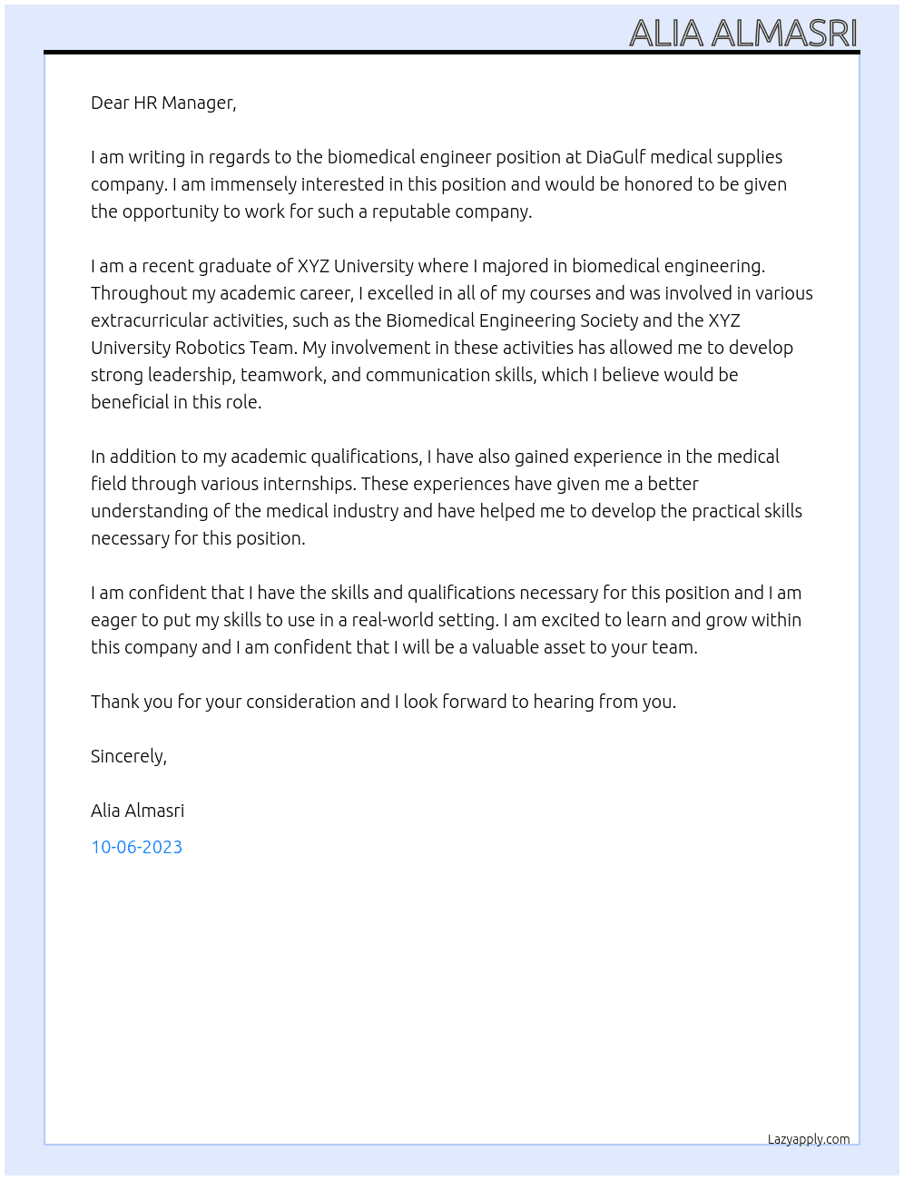 biomedical engineer At DiaGulf medical supplies company  Cover Letter
