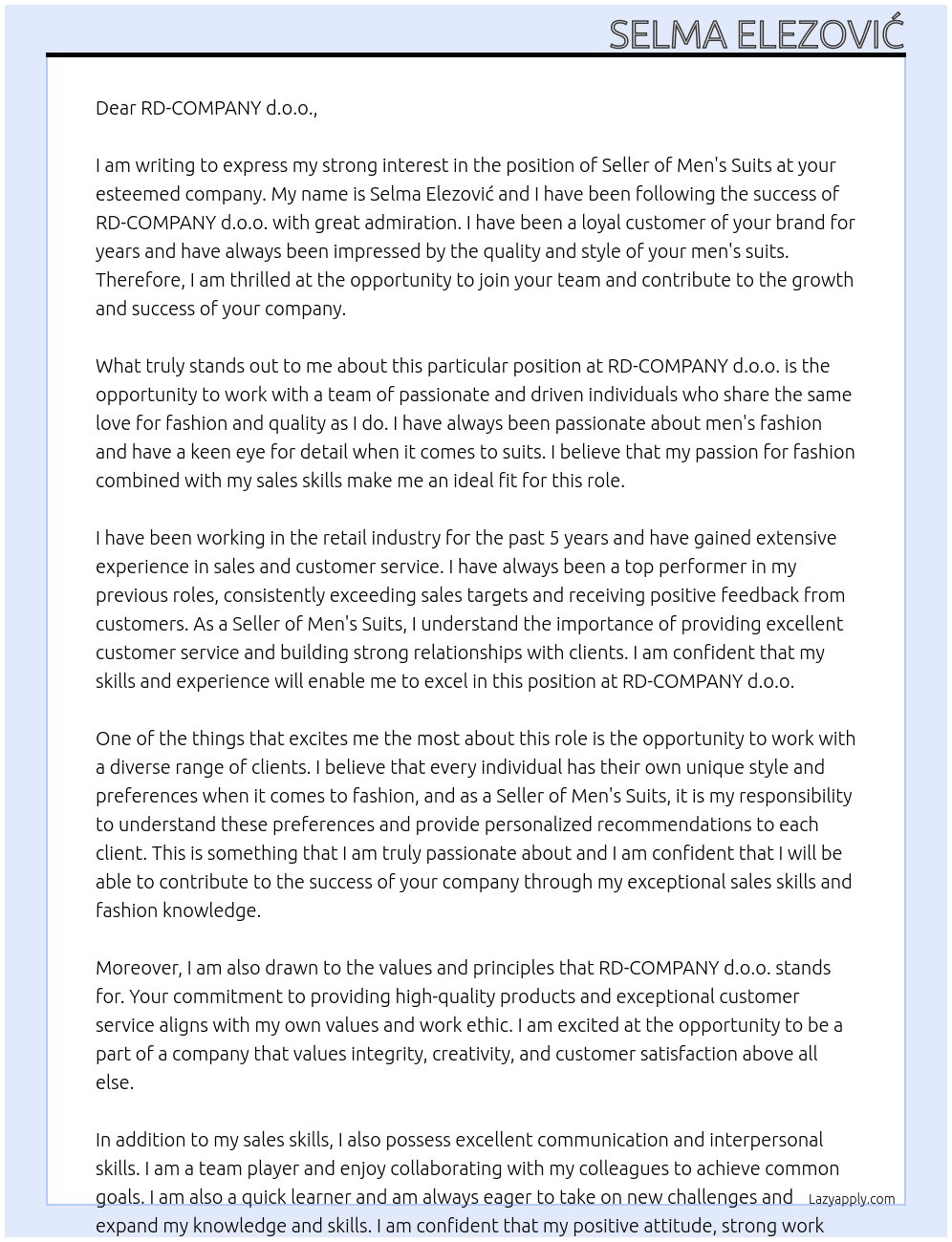 Seller of men's suits At RD-COMPANY d.o.o. Cover Letter