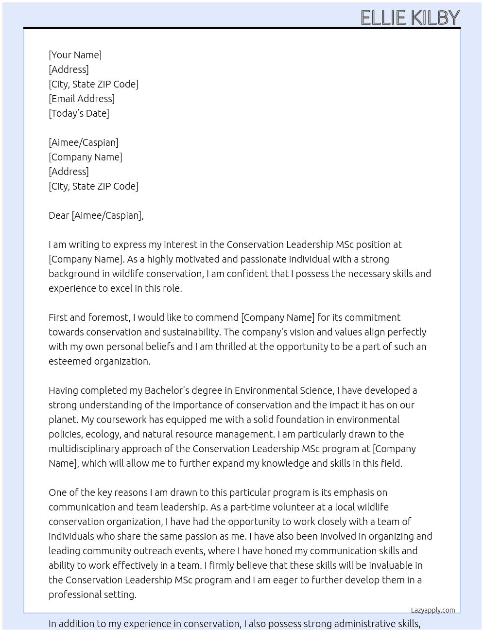Conservation Leadership MSc At Bristol UWE Cover Letter
