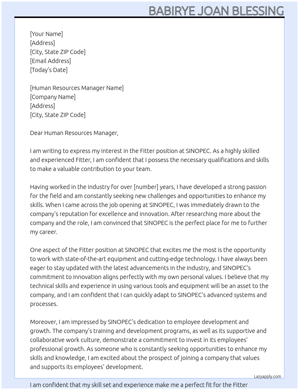 Fitter At SINOPEC Cover Letter