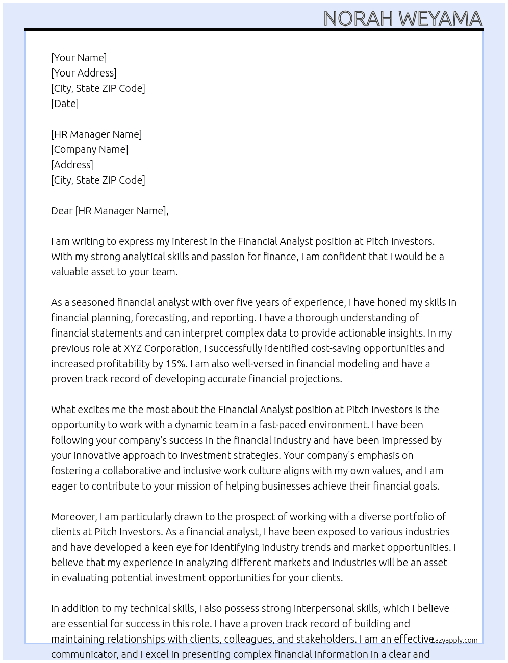 Financial analyst At Pitch investors Cover Letter