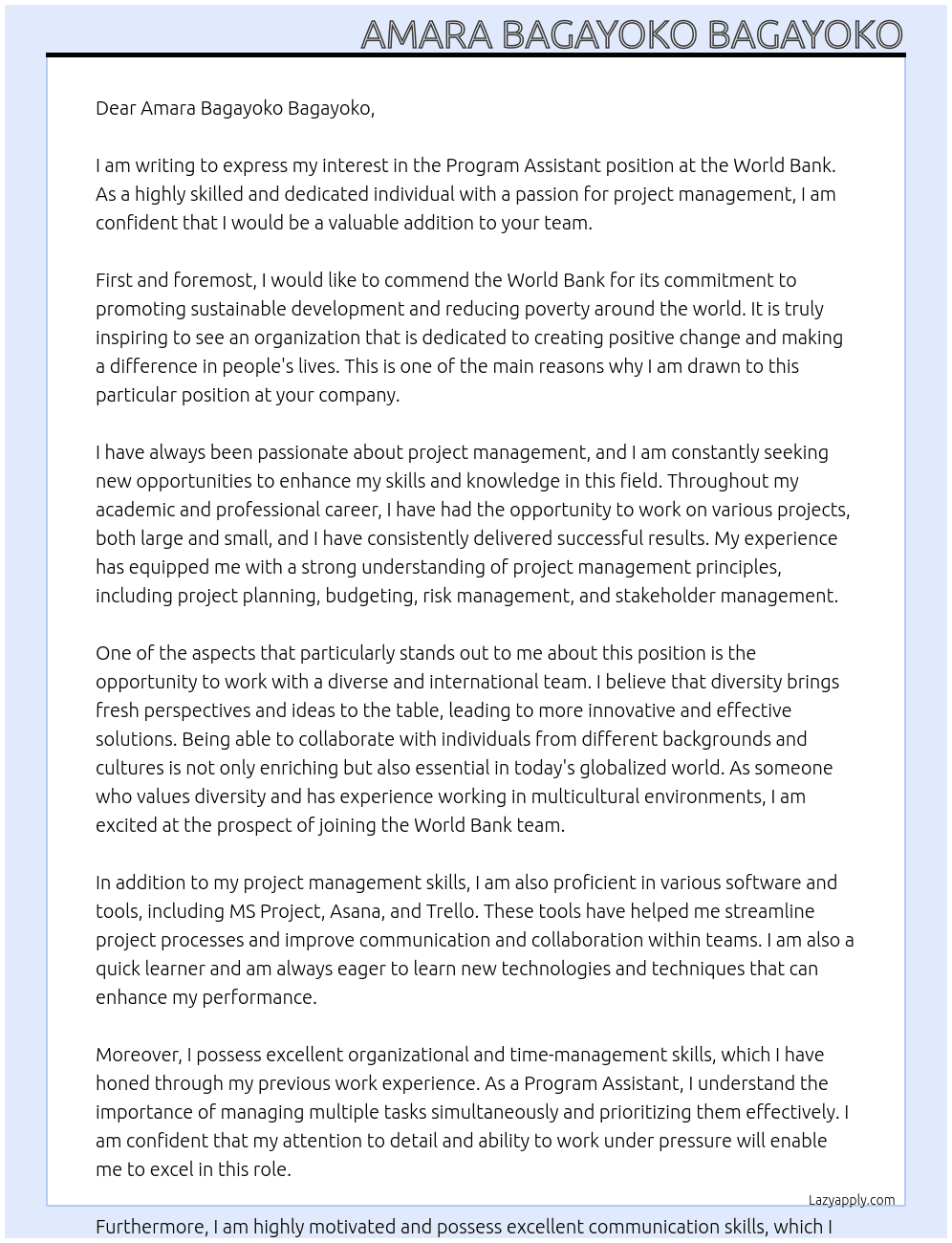 Program Assistant At World Bank Cover Letter