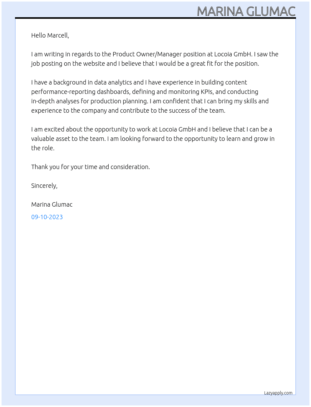 Product Owner/Manager At Locoia GmbH Cover Letter