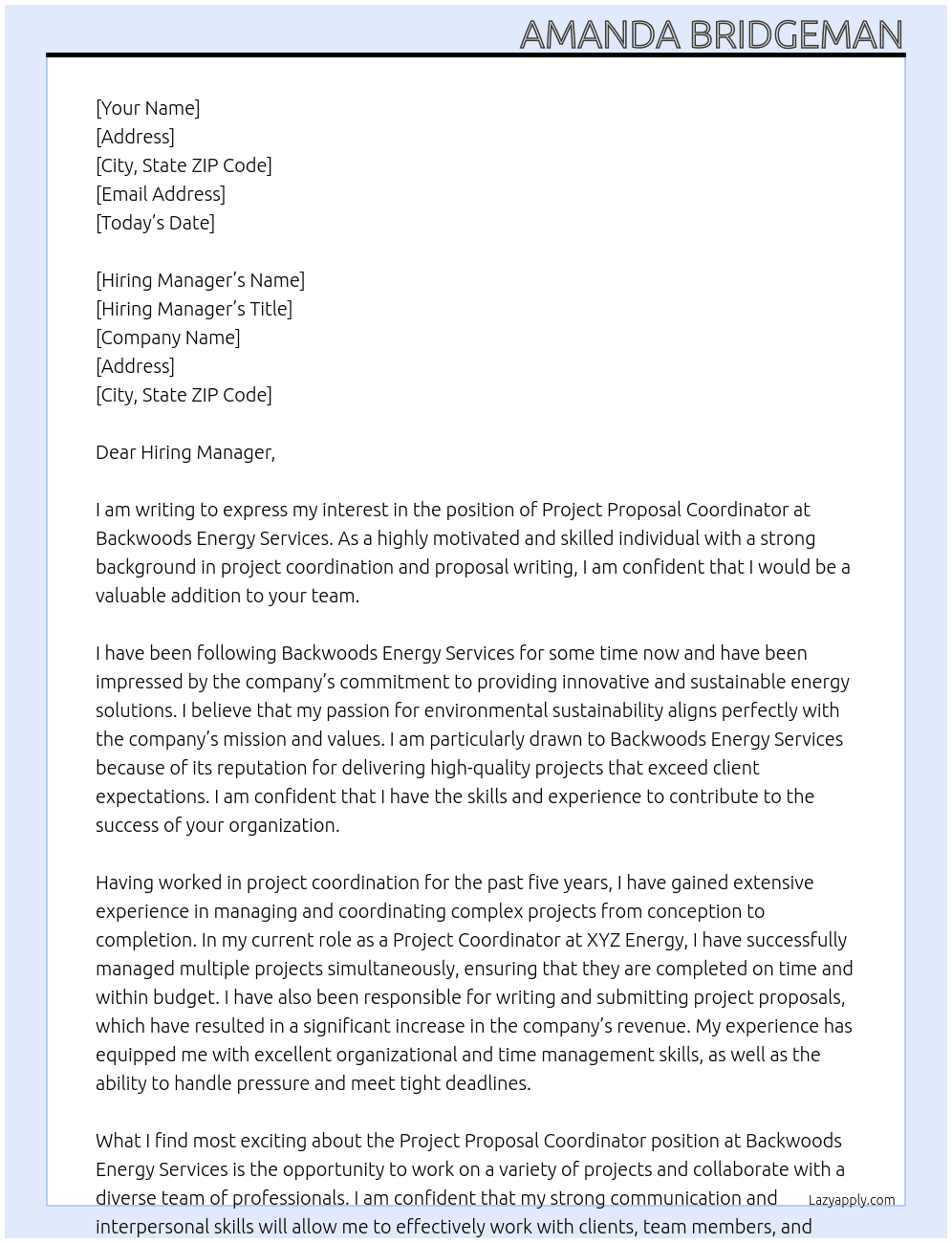 Cover letter for project proposal coordinator - LazyApply