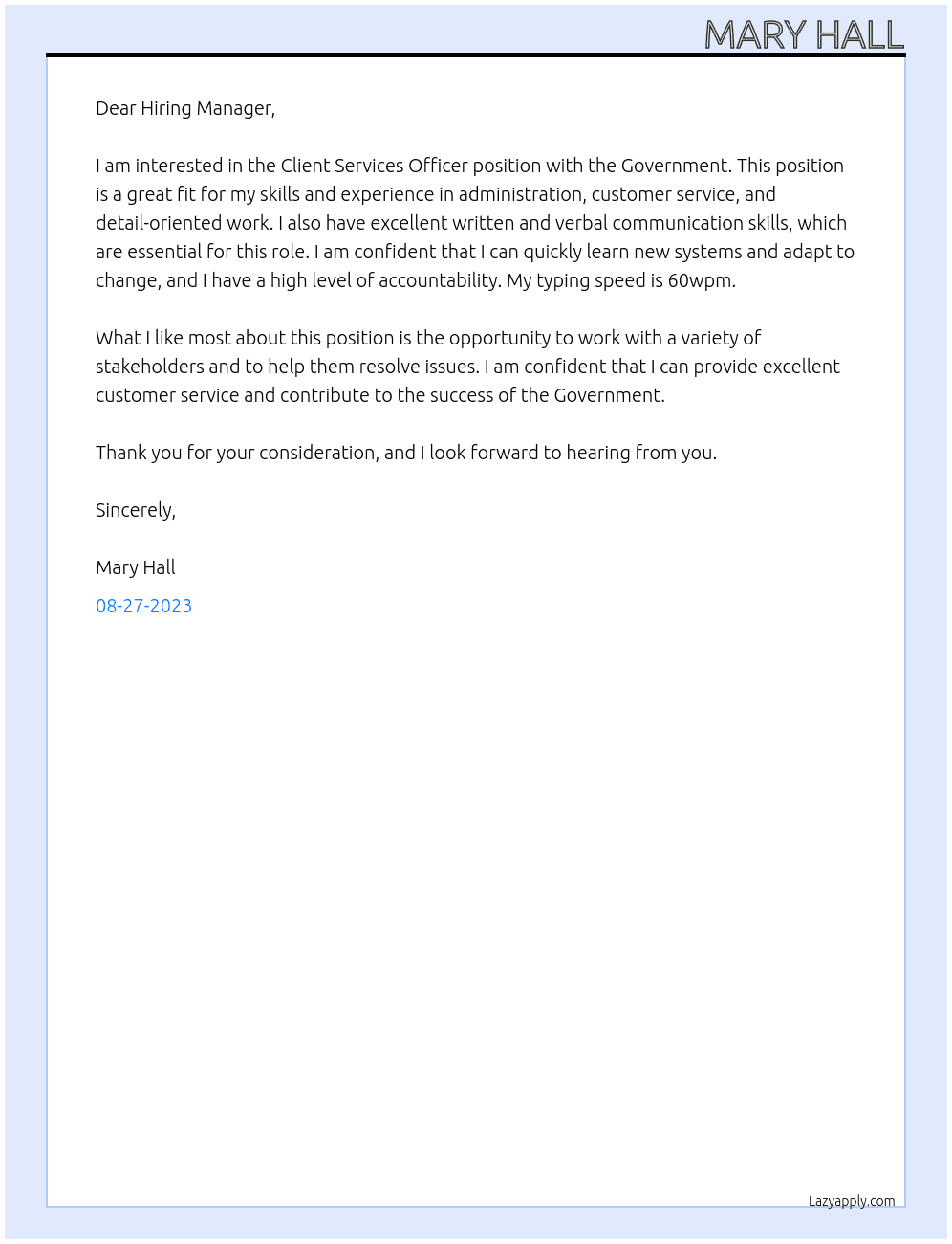 Client Services Officer At Government Cover Letter