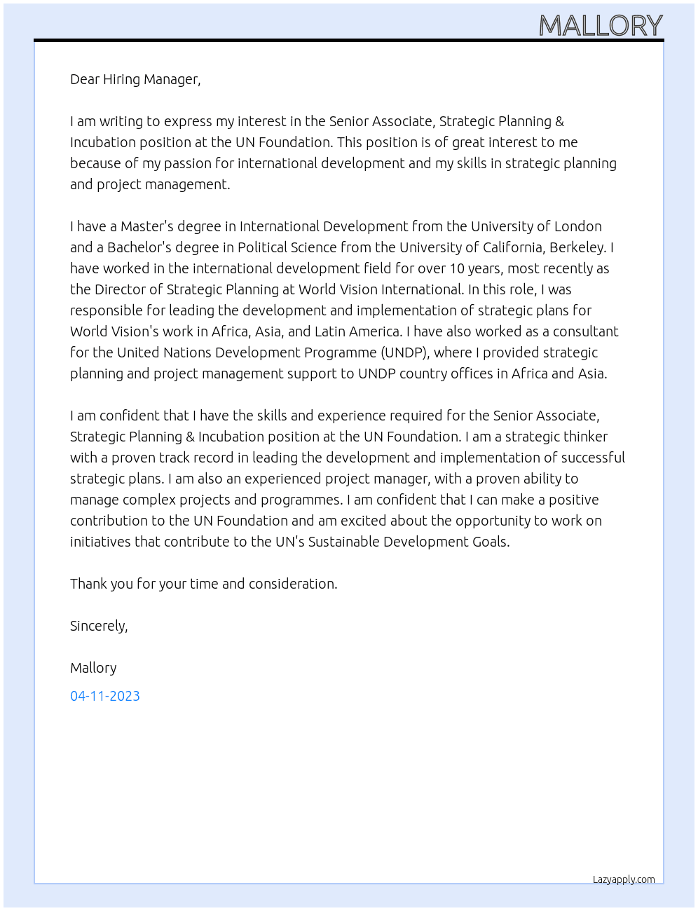 SENIOR ASSOCIATE, STRATEGIC PLANNING & INCUBATION At UN Foundation Cover Letter