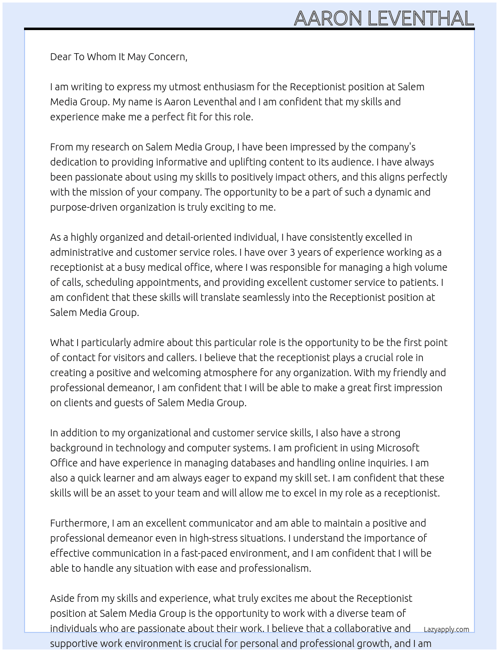 Receptionist At Salem Media Group Cover Letter