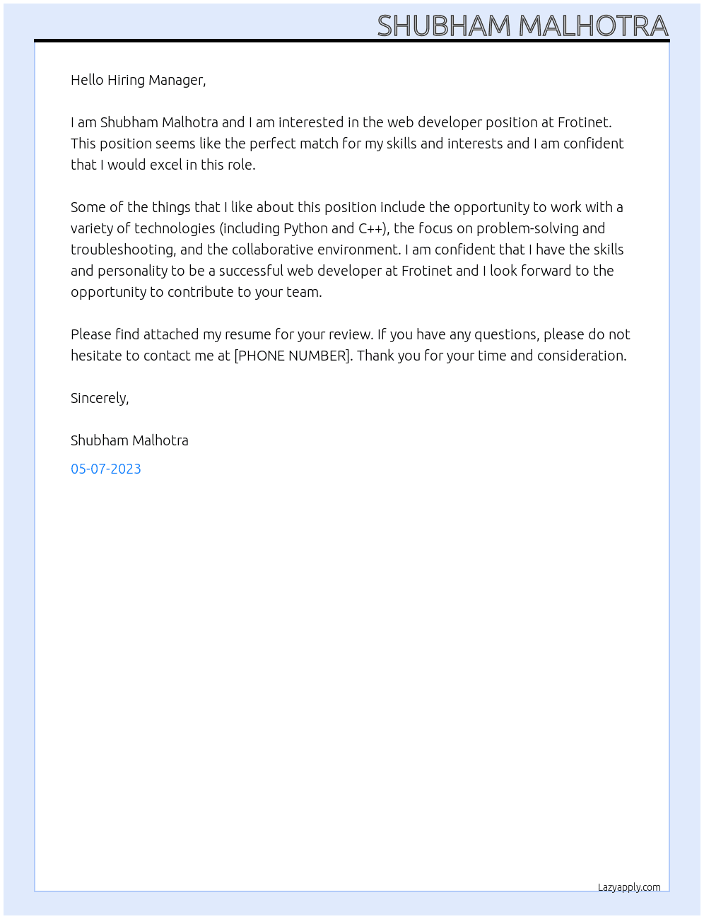 Web Developer At Frotinet Cover Letter