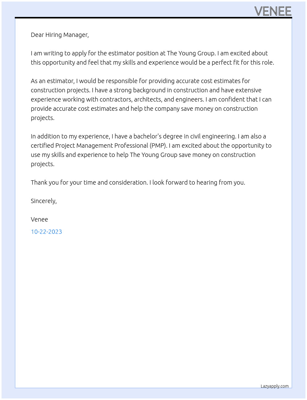 Estimator At The young group Cover Letter