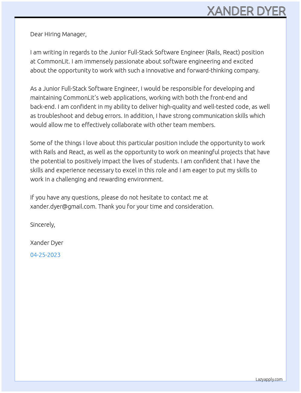 Junior Full-Stack Software Engineer (Rails, React) At CommonLit Cover Letter