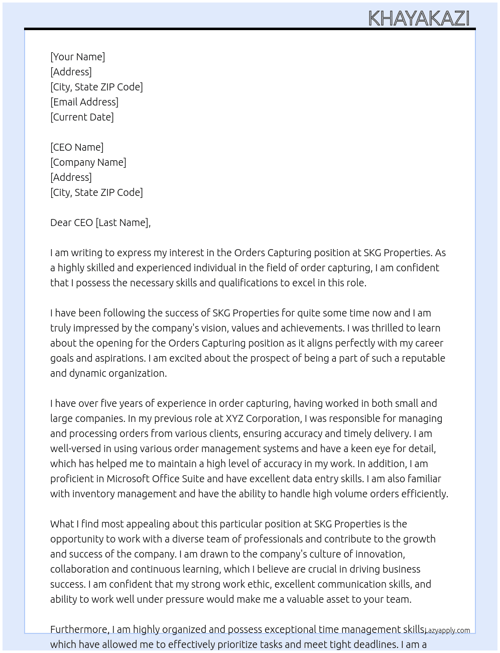 Orders Capturing At SKG Properties Cover Letter