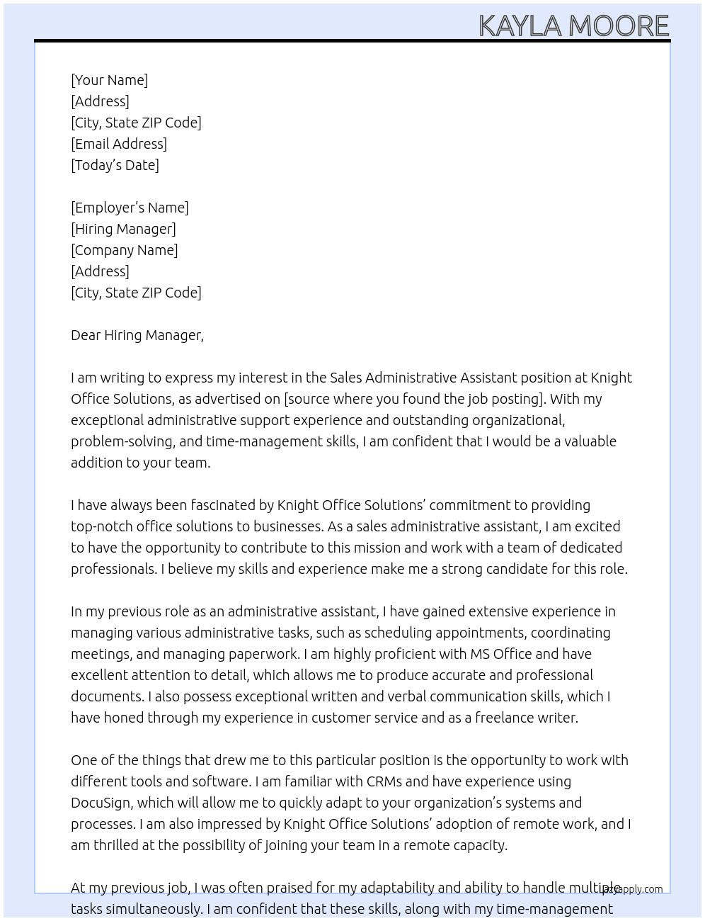 Sales Administrative Assistant At Knight Office Solutions Cover Letter