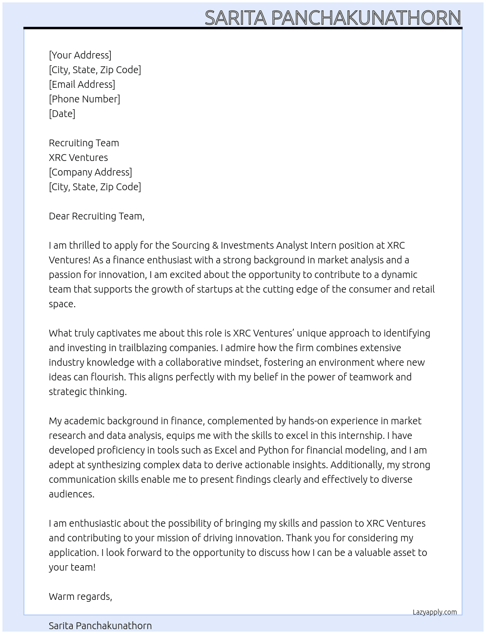 Sourcing & Investments Analyst Intern At XRC Ventures Cover Letter