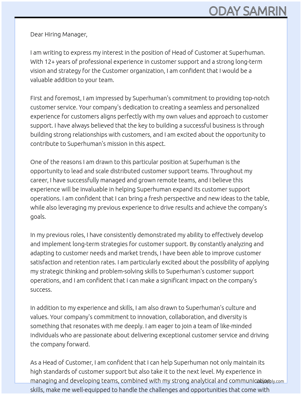 Head of Customer At Superhuman Cover Letter