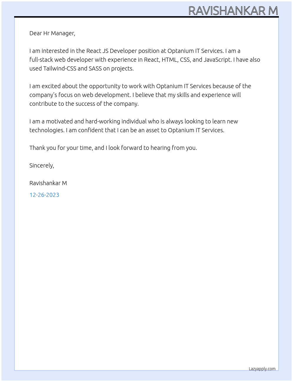 React JS Developer  At Optanium IT Services  Cover Letter