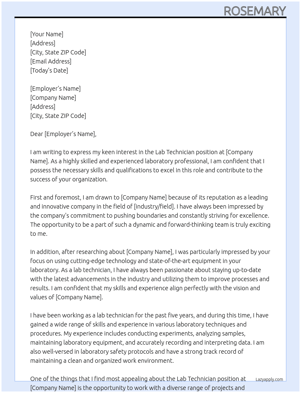lab technician At company Cover Letter
