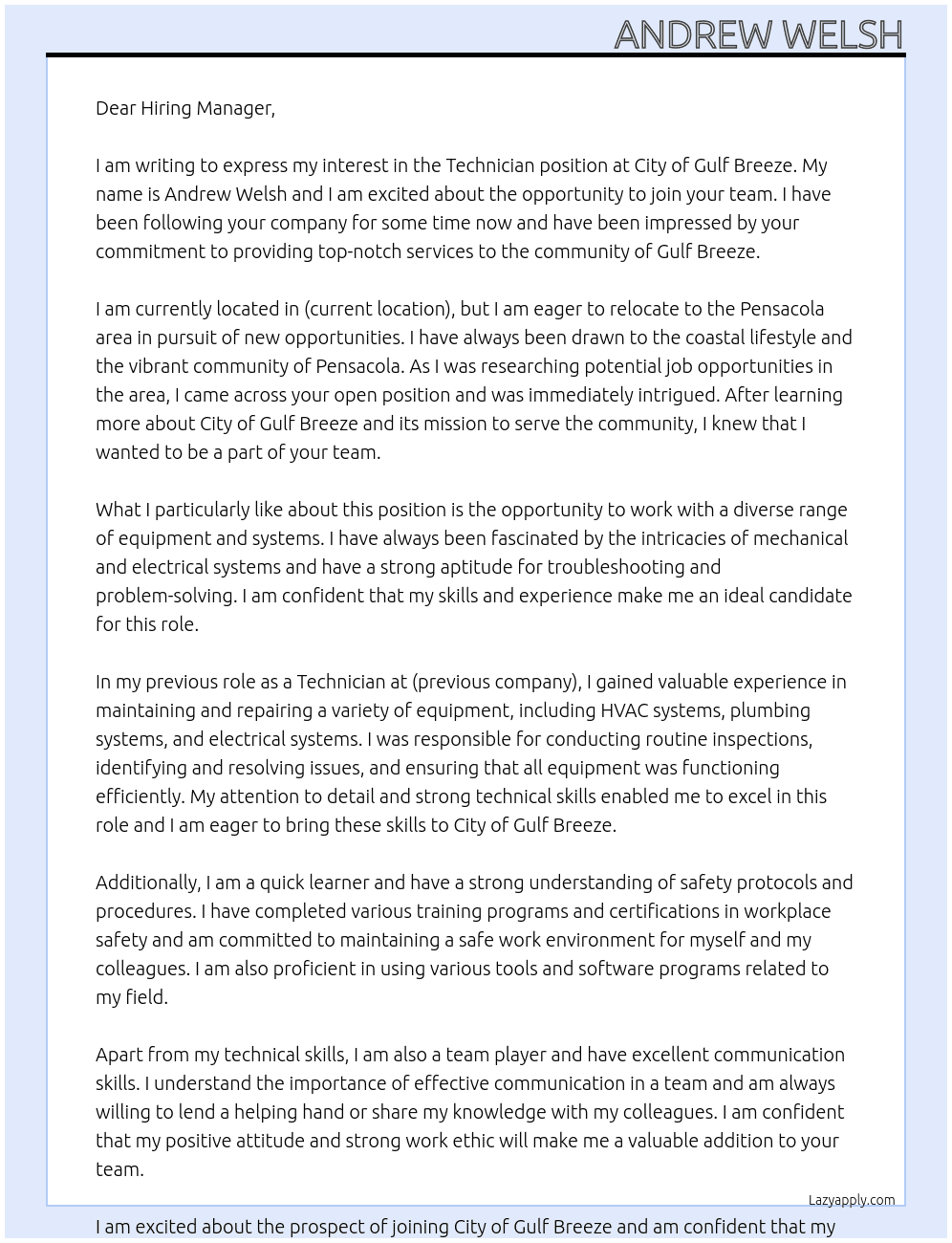 Technician  At City of Gulf Breeze Cover Letter