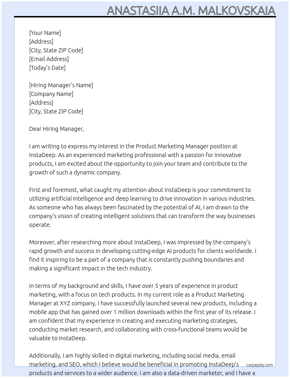 Product Marketing Manager At InstaDeep Cover Letter