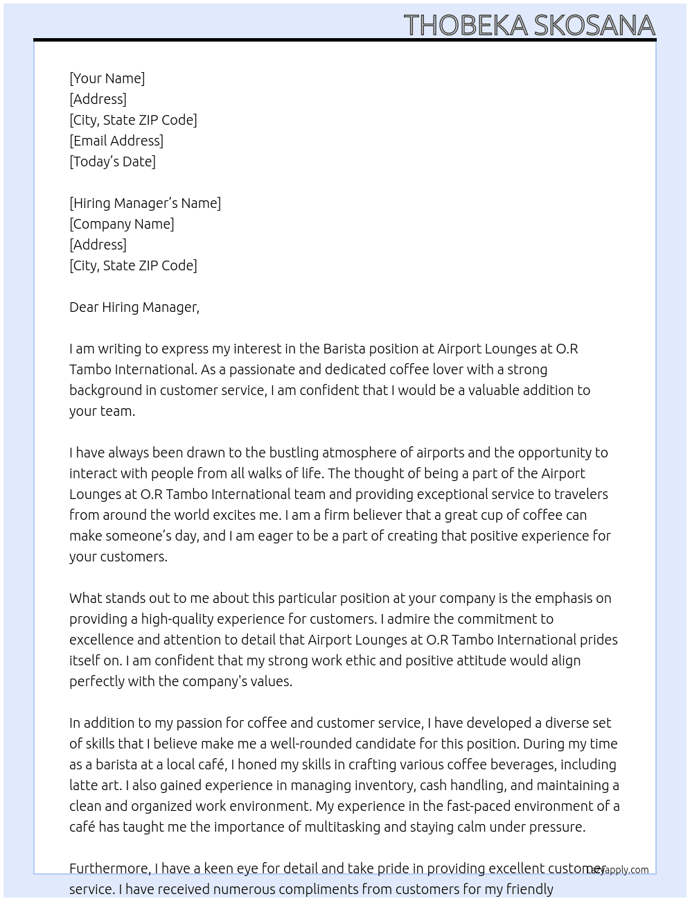 Barista At Airport Lounges at O.R Tambo International Cover Letter
