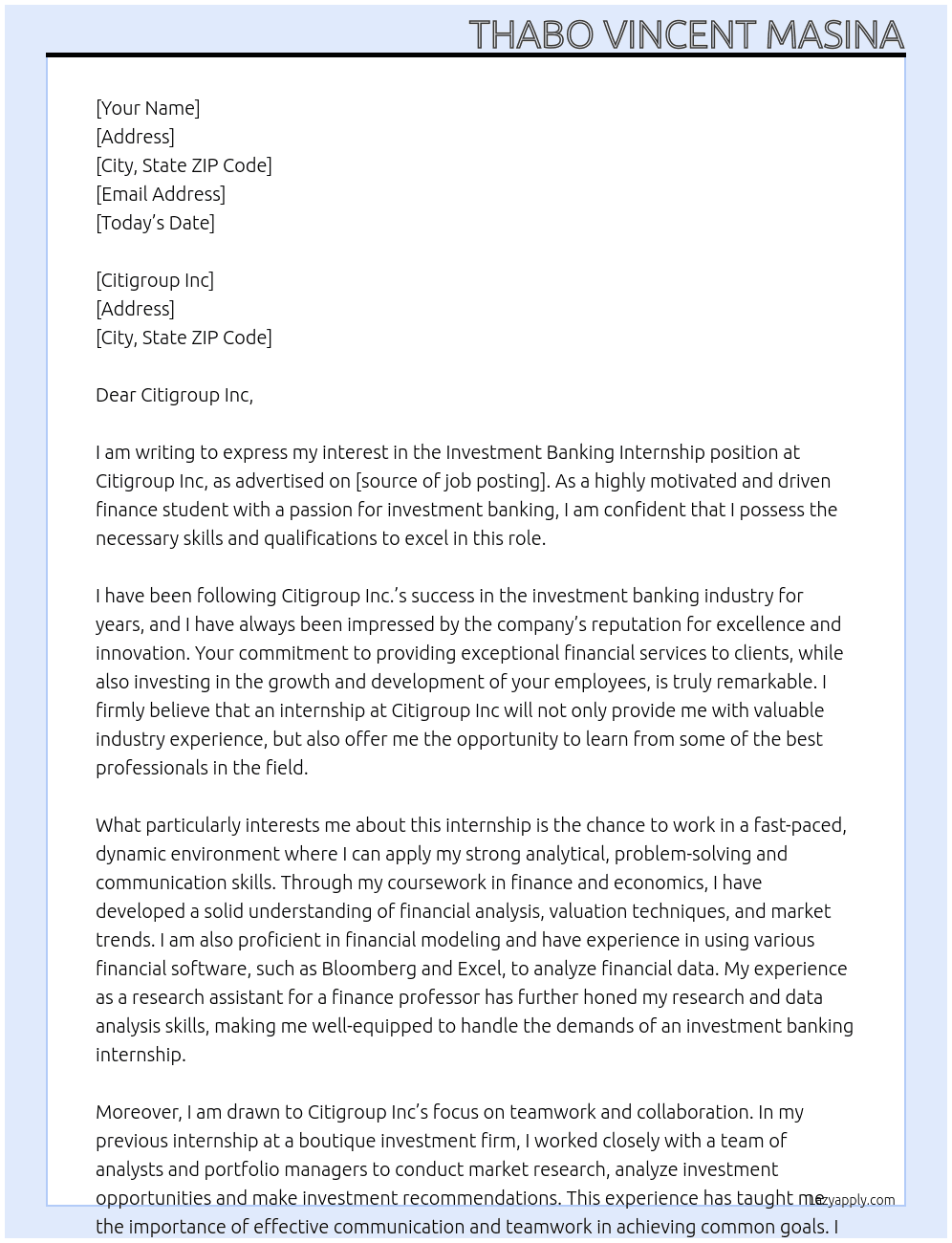 Investment Banking Internship At Citi group Cover Letter