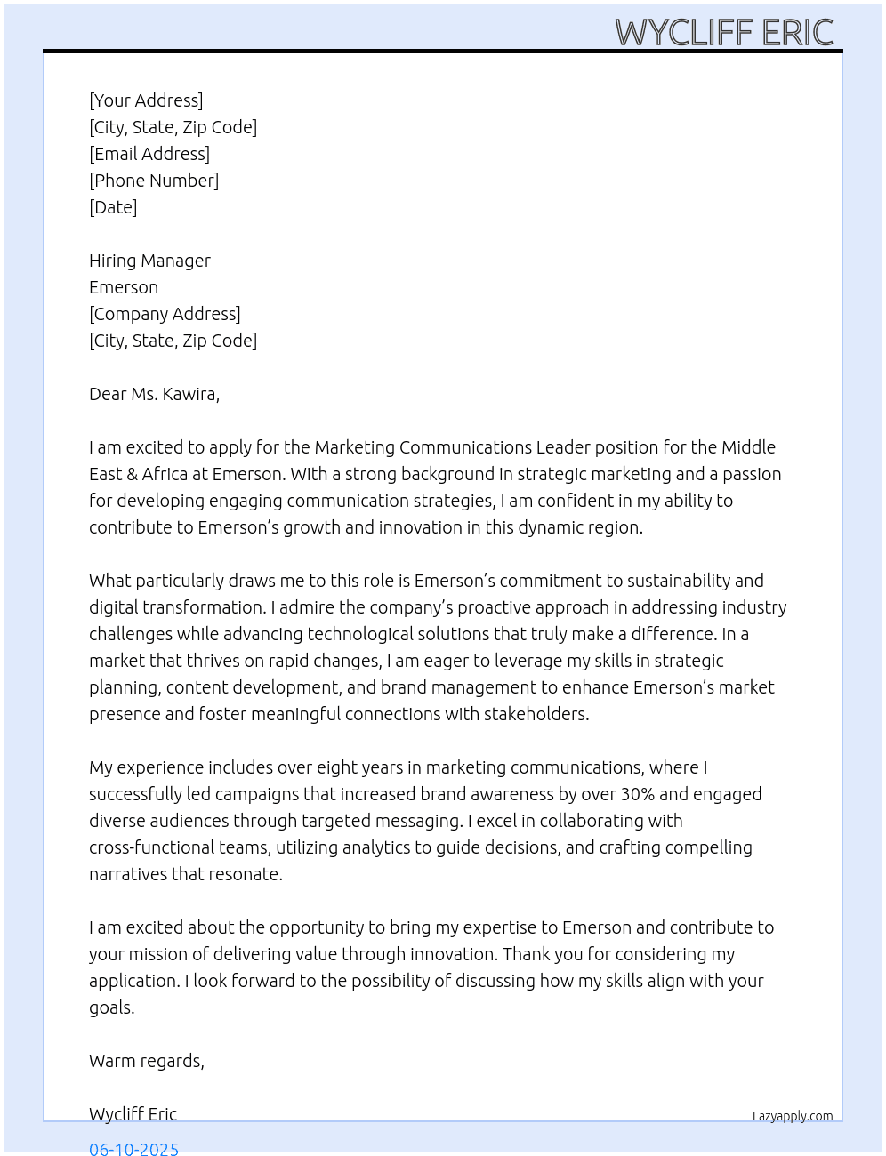 Cover letter for marketing communications leader middle east & africa - LazyApply