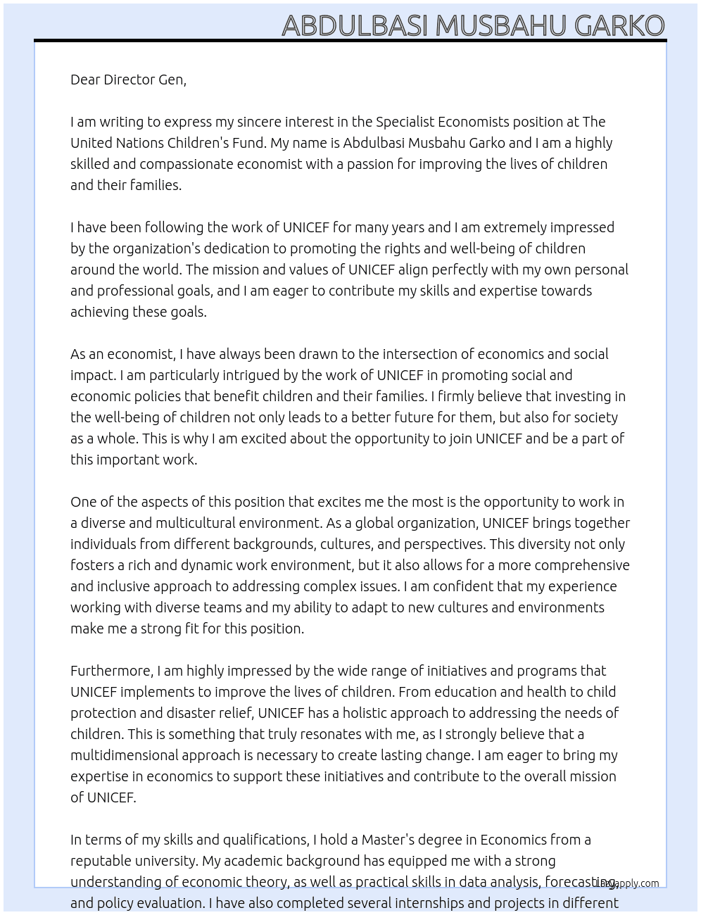 Specialist economists At The United Nations Children's Fund Cover Letter