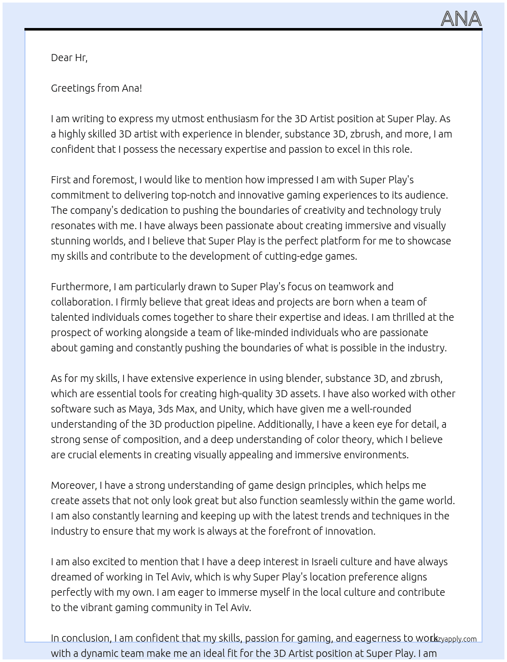 3D Artist At Super Play Cover Letter