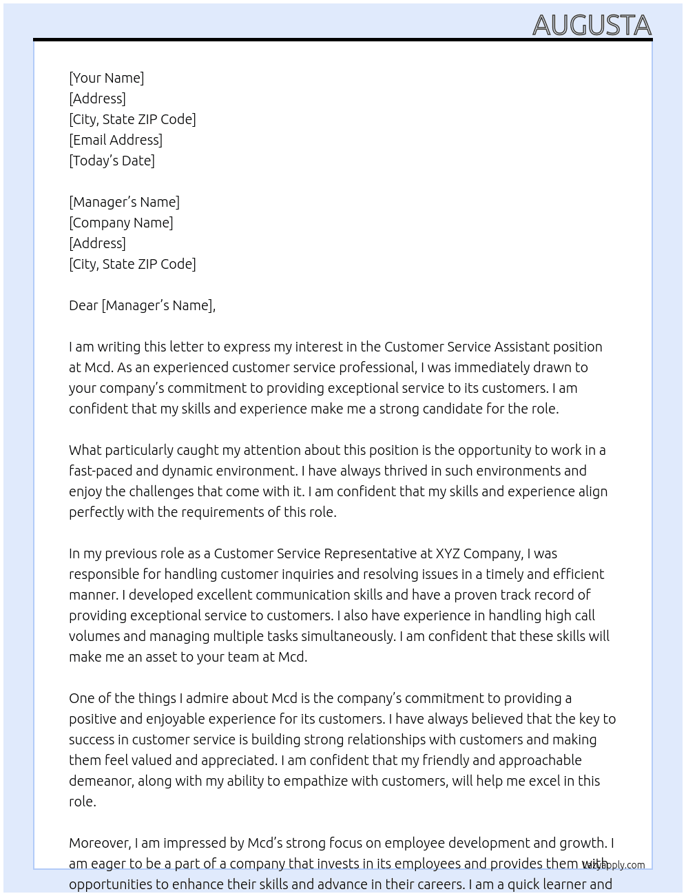 Customer service assistant At Mcd Cover Letter