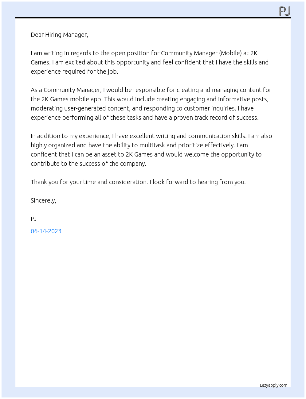 Community Manager (Mobile) At 2K Games Cover Letter
