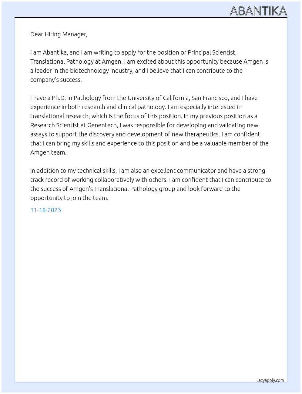 Principal Scientist, Translational Pathology At Amgen  Cover Letter