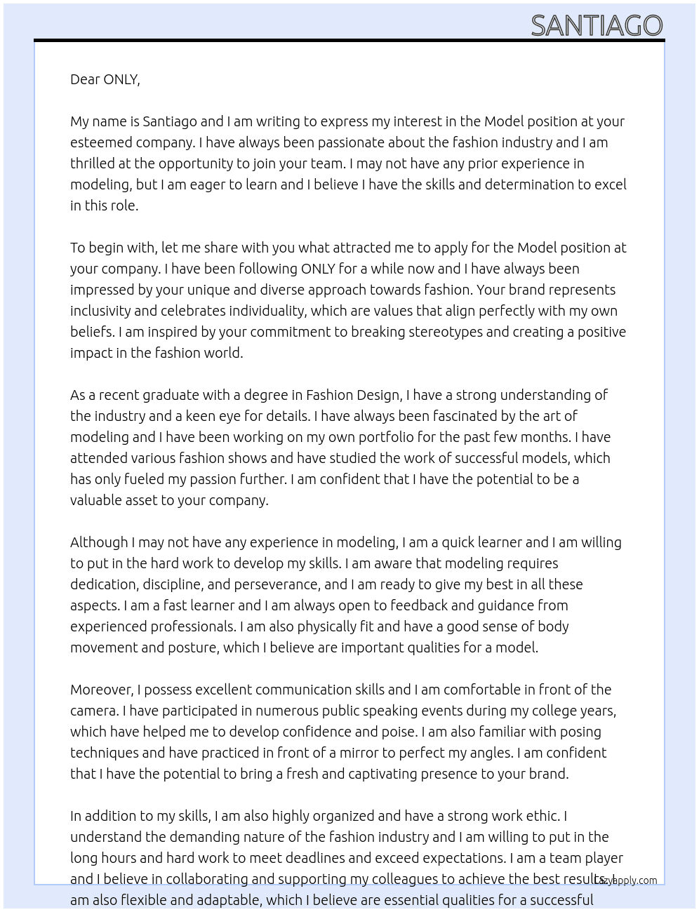 Model At ONLY Cover Letter