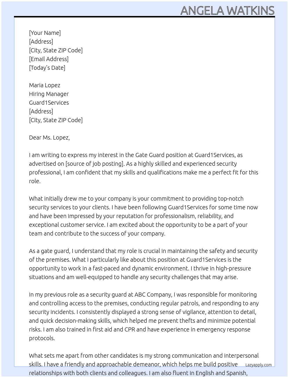 Gate guard  At Guard1Services Cover Letter