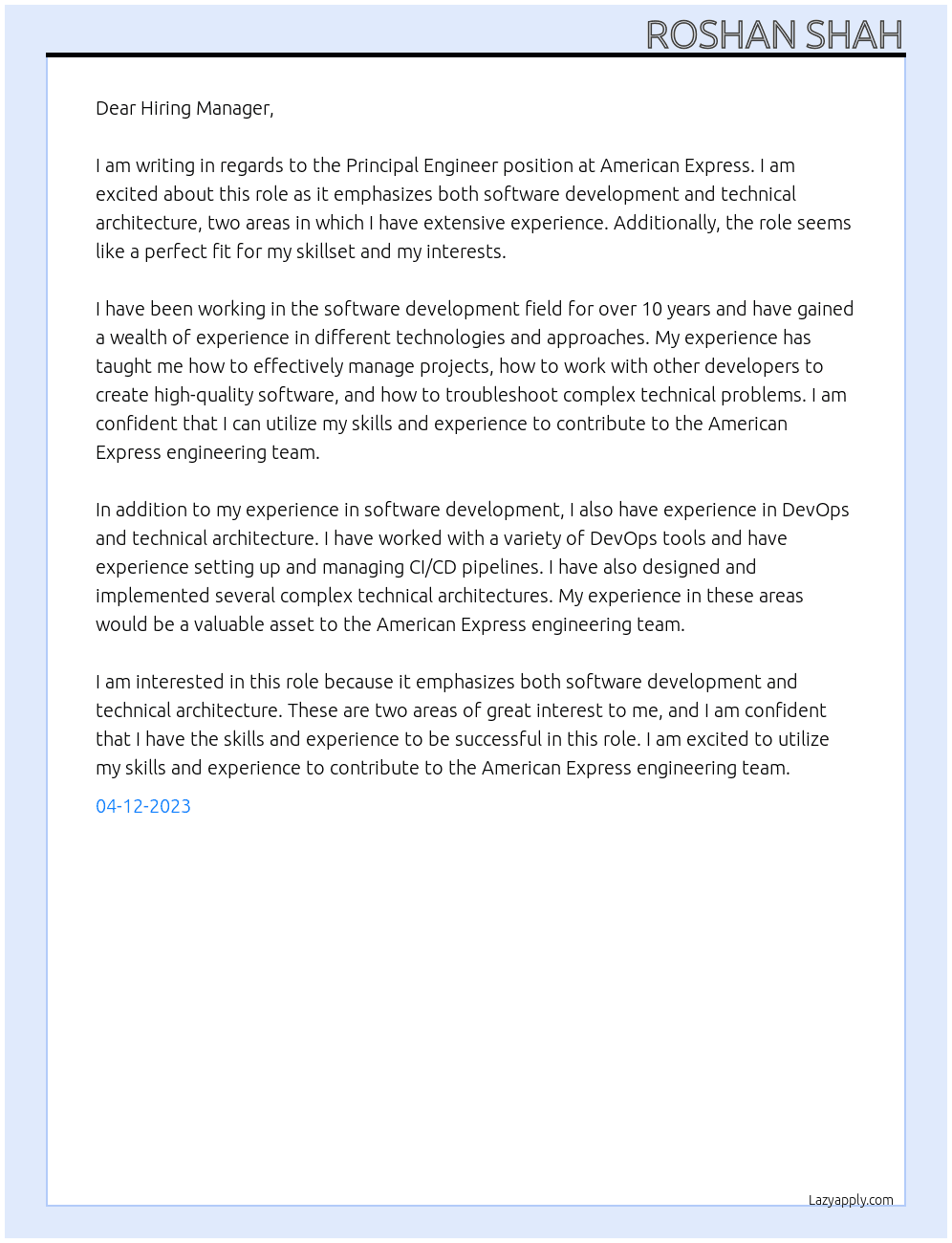 Principal Engineer At American Express Cover Letter