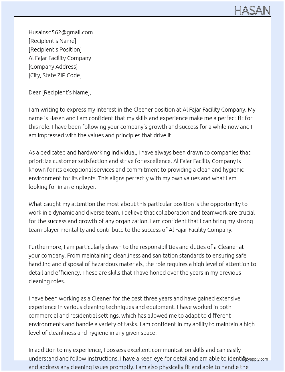 cleaner At al fajar facillity company Cover Letter