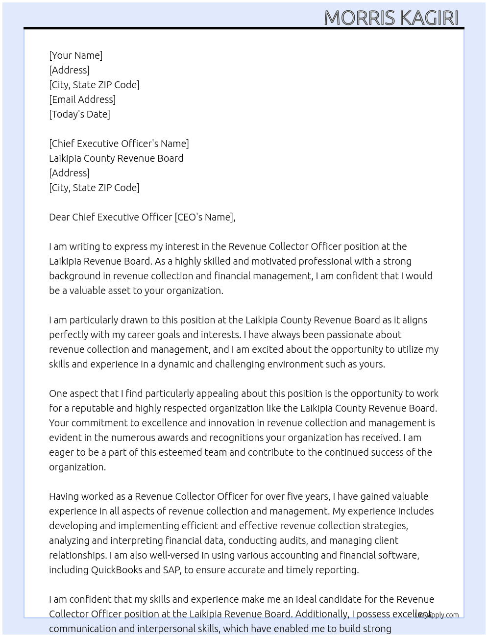 Revenue Collector Officer  At Laikipia Revenue Board  Cover Letter