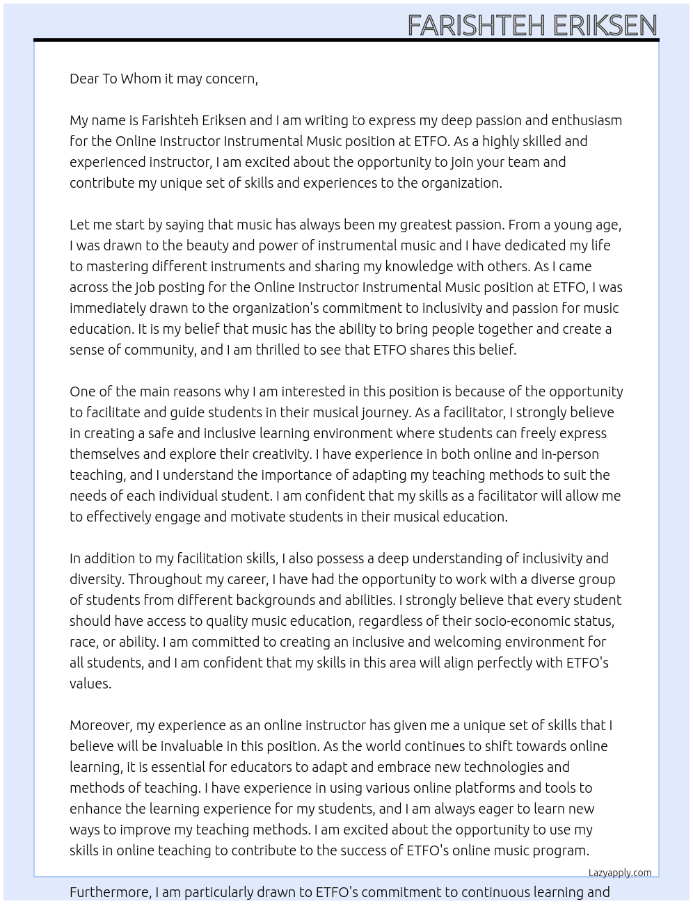 Online Instructor Instrumental Music At ETFO Cover Letter