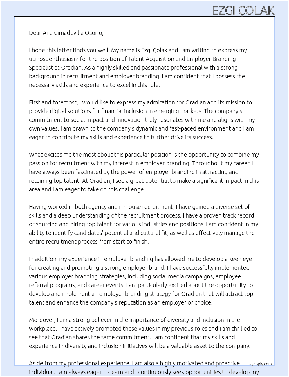 Talent Acquisition and Employer Branding Specialist At oradian Cover Letter