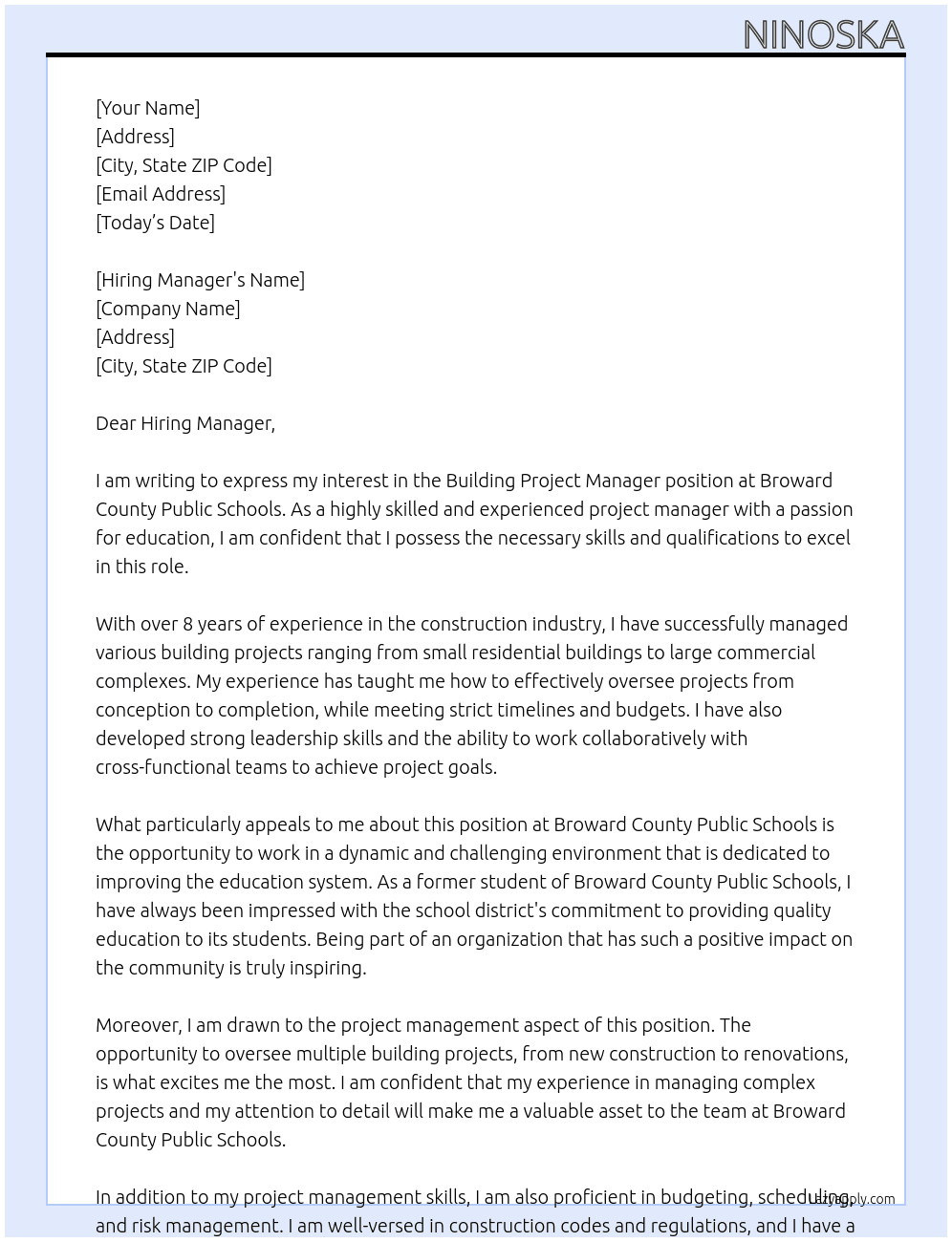 building project manager At Broward County Public Schools Cover Letter