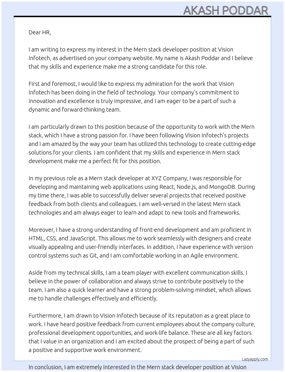 Mern stack developer  At Vision infotech  Cover Letter
