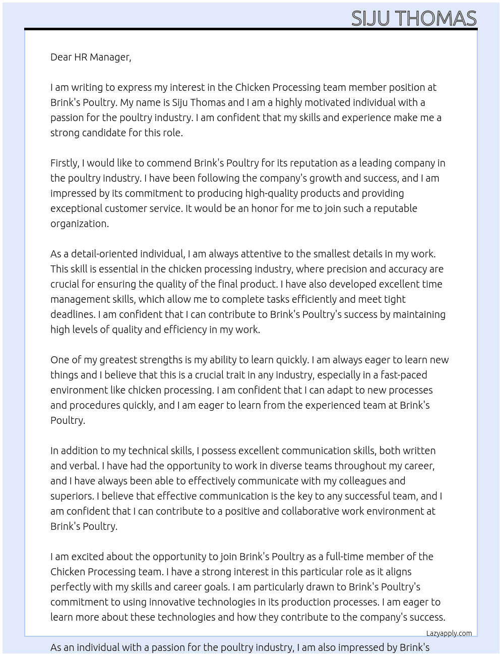 Chicken Processing team member At Brink's Poultry Cover Letter