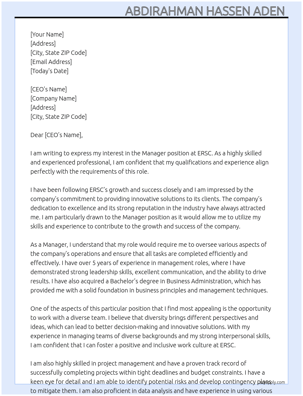 Manager At ERSC Cover Letter
